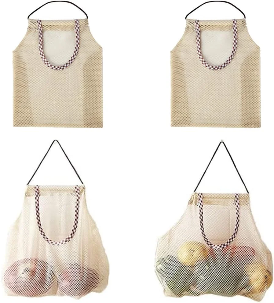 ریلی، بسته 4 عددی کیسه های توری آویز قابل استفاده مجدد، نصب دیواری، سازمان دهنده کیسه خرید آشپزخانه برای سیب زمینی، پیاز، سیر، سبزیجات، میوه یا کیسه زباله، بژ