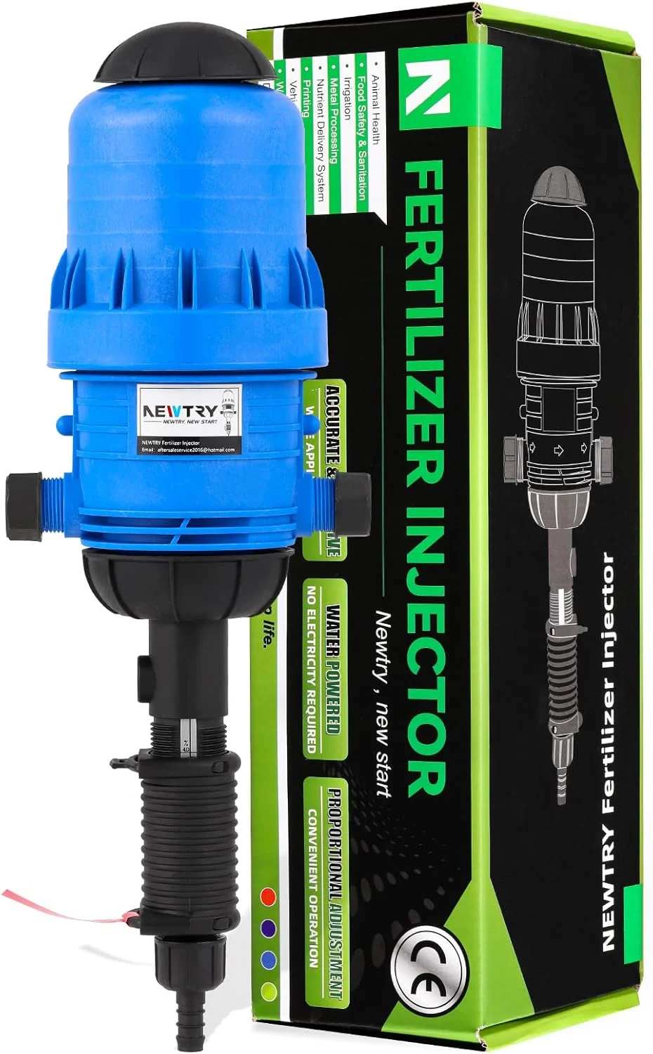 تزریق کننده کود قابل تنظیم NEWTRY 0.4%~4%، دوزینگ پمپ شیمیایی مایع با نیروی آب 4.4~660.43 گالن در ساعت، تزریق کننده آبیاری قطره ای برای شیلنگ باغ، دامداری (0.4% -4%)