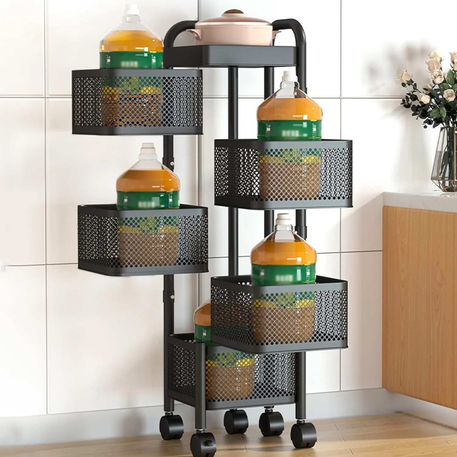 سبد میوه و سبزیجات 4 طبقه برای آشپزخانه، سبد ذخیره سازی میوه و سبزیجات، سبد سیمی سازمان دهنده با چرخ، سبد سبزیجات برای پیاز و سیب زمینی، سبد میوه و سبزیجات مربعی مشکی