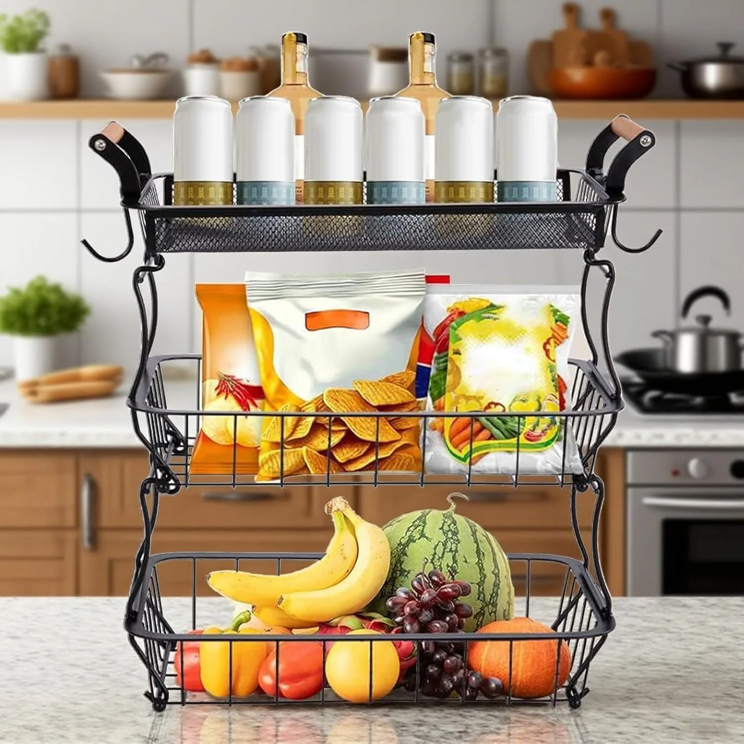 استند میوه | سبد سبزیجات 3 طبقه برای آشپزخانه، سازمان دهنده ذخیره سازی سیم فلزی با آویز موز برای سبزیجات، نان، تنقلات، انبار، خانه، آپارتمان، خانه روستایی