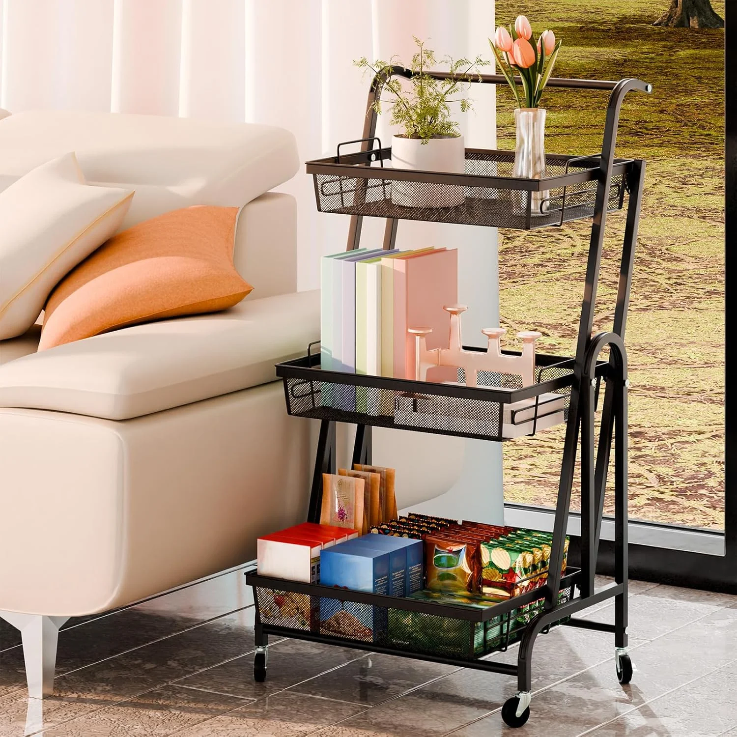 چرخ دستی کوچک ذخیره سازی آشپزخانه با چرخ، سبد میوه فلزی 3 طبقه با سبد برای سیب زمینی، پیاز، محصولات، تنقلات و سبزیجات