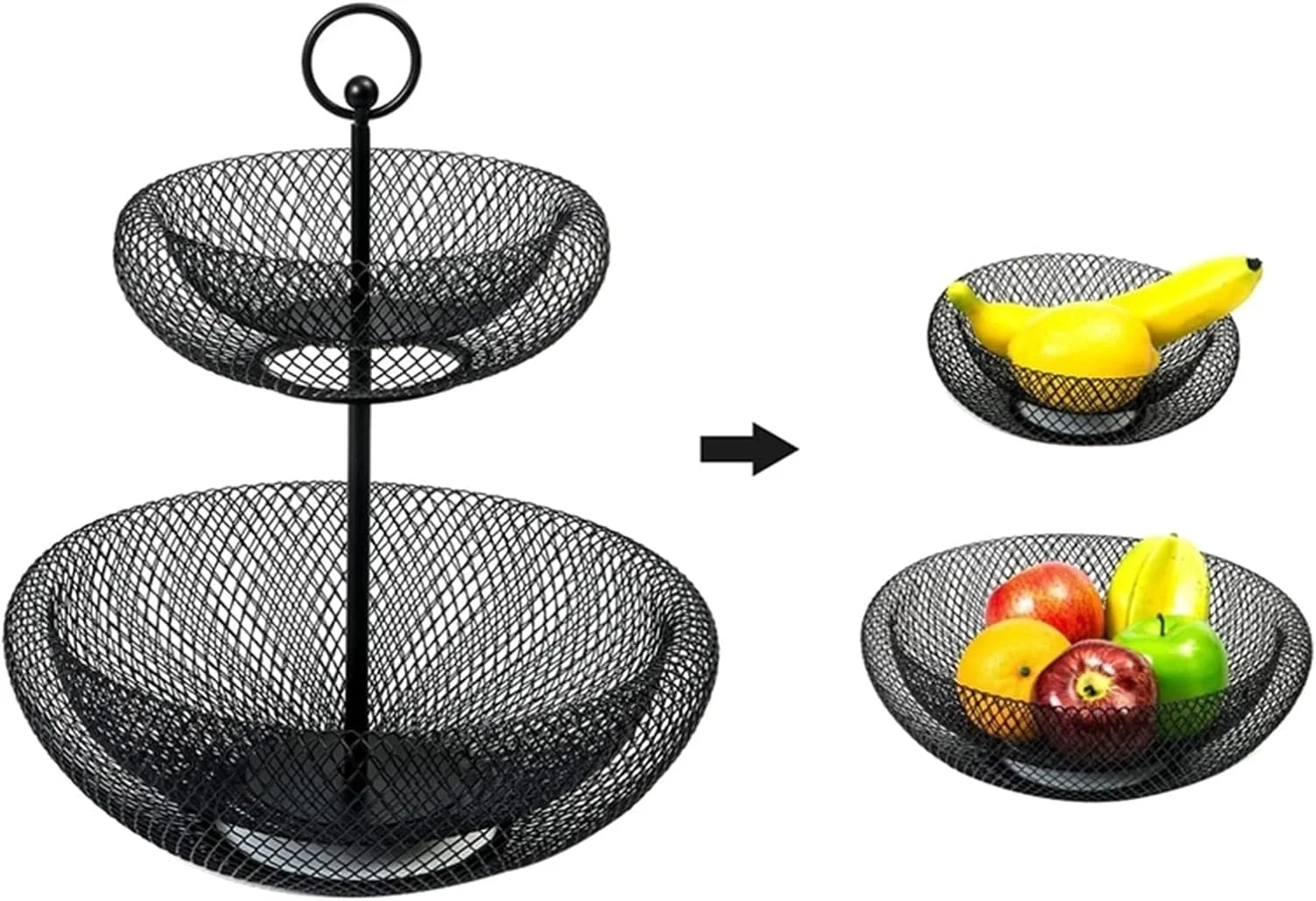 سبد میوه 2 طبقه و کاسه میوه - سبد ذخیره سازی میوه و سبزیجات، سبد میوه برای روی میز، برای نان، پیاز، سیب زمینی، سبزیجات، محصولات