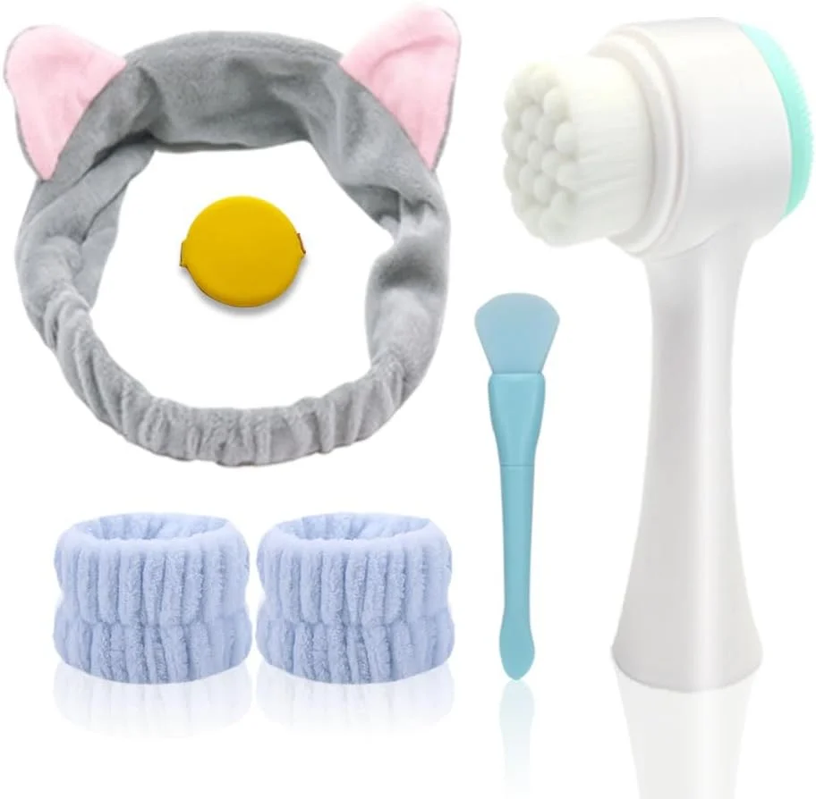 مجموعه شستشوی صورت BOYYJING، برس پاک کننده دستی صورت، برس صورت مراقبت از پوست 2 در 1، اسکرابر سیلیکونی صورت، مجهز به هدبند، مچ بند، برس ماسک صورت و پودر پفکی (آبی 6 تکه)