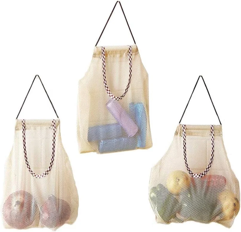 ست 3 عددی کیسه توری آشپزخانه قابل استفاده مجدد، کیسه های خرید چند منظوره آویز برای میوه، سبزیجات، سیر، سیب زمینی، پیاز، فلفل سبز یا زباله