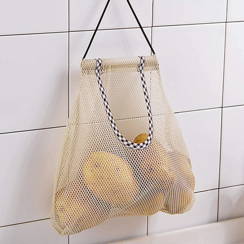 ست 3 عددی کیسه توری آشپزخانه قابل استفاده مجدد، کیسه های خرید چند منظوره آویز برای میوه، سبزیجات، سیر، سیب زمینی، پیاز، فلفل سبز یا زباله