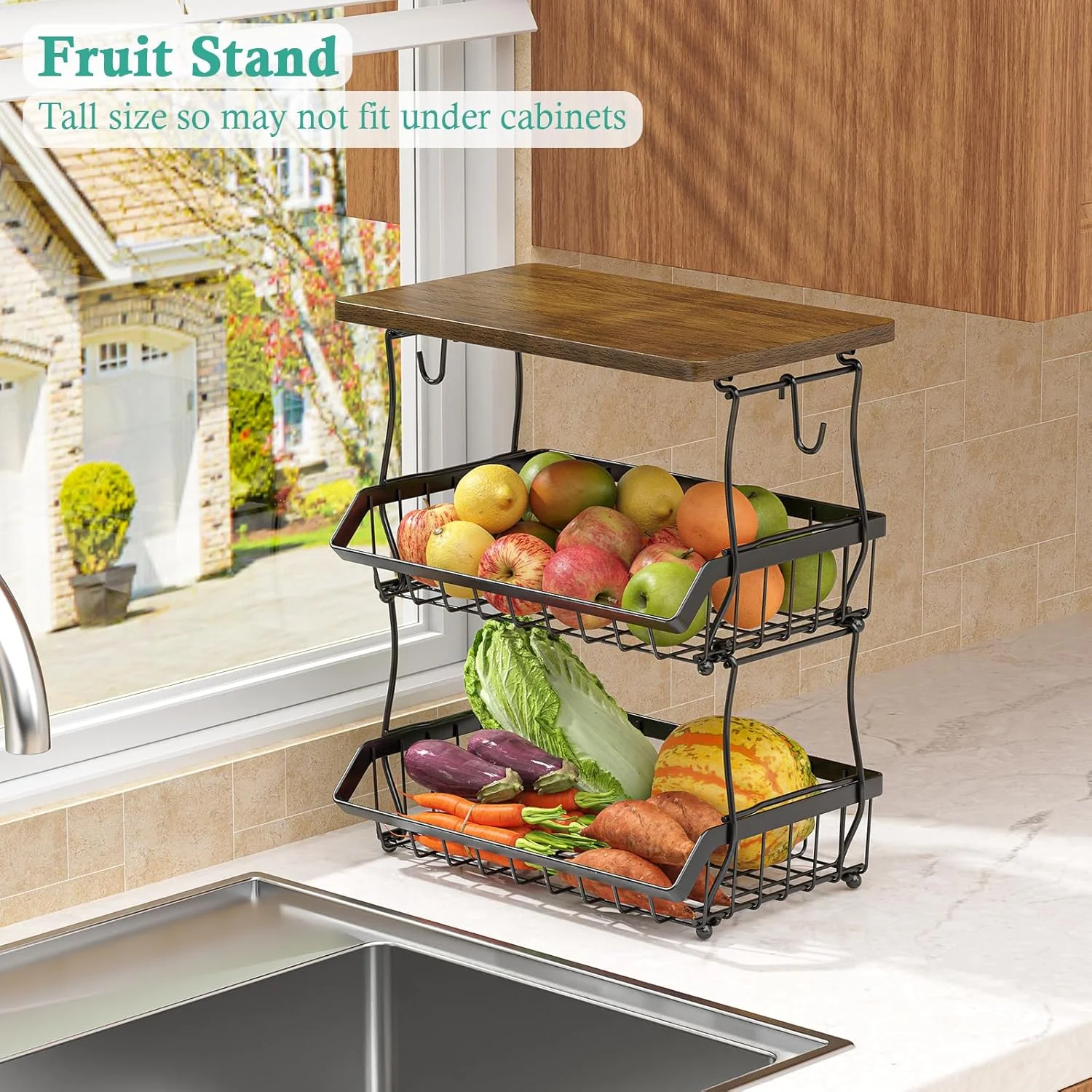 سبد میوه 3 طبقه XYZLVSI با کاسه نان و رویه چوبی برای آشپزخانه، سبد سیمی انباشته برای نگهداری سیب زمینی پیاز و سبزیجات با آویز موز، مشکی