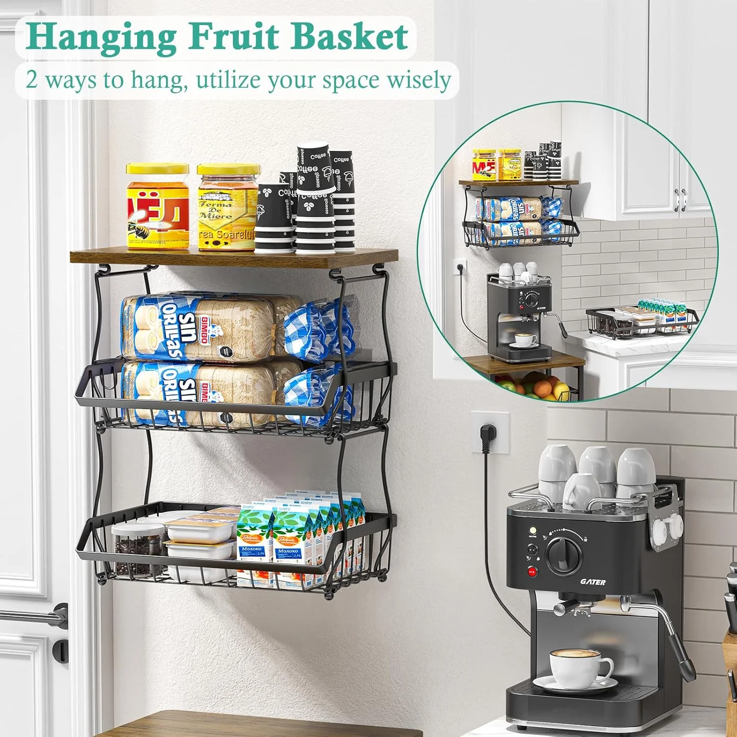 سبد میوه 3 طبقه XYZLVSI با کاسه نان و رویه چوبی برای آشپزخانه، سبد سیمی انباشته برای نگهداری سیب زمینی پیاز و سبزیجات با آویز موز، مشکی