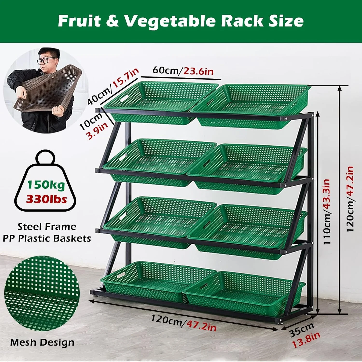 استند میوه و سبزیجات تجاری 4 طبقه، قفسه بزرگ سازمان دهنده سیب زمینی و پیاز آشپزخانه، قفسه فلزی تنقلات سوپرمارکتی برای انبار/فروشگاه خرده فروشی/بازار (سبز)