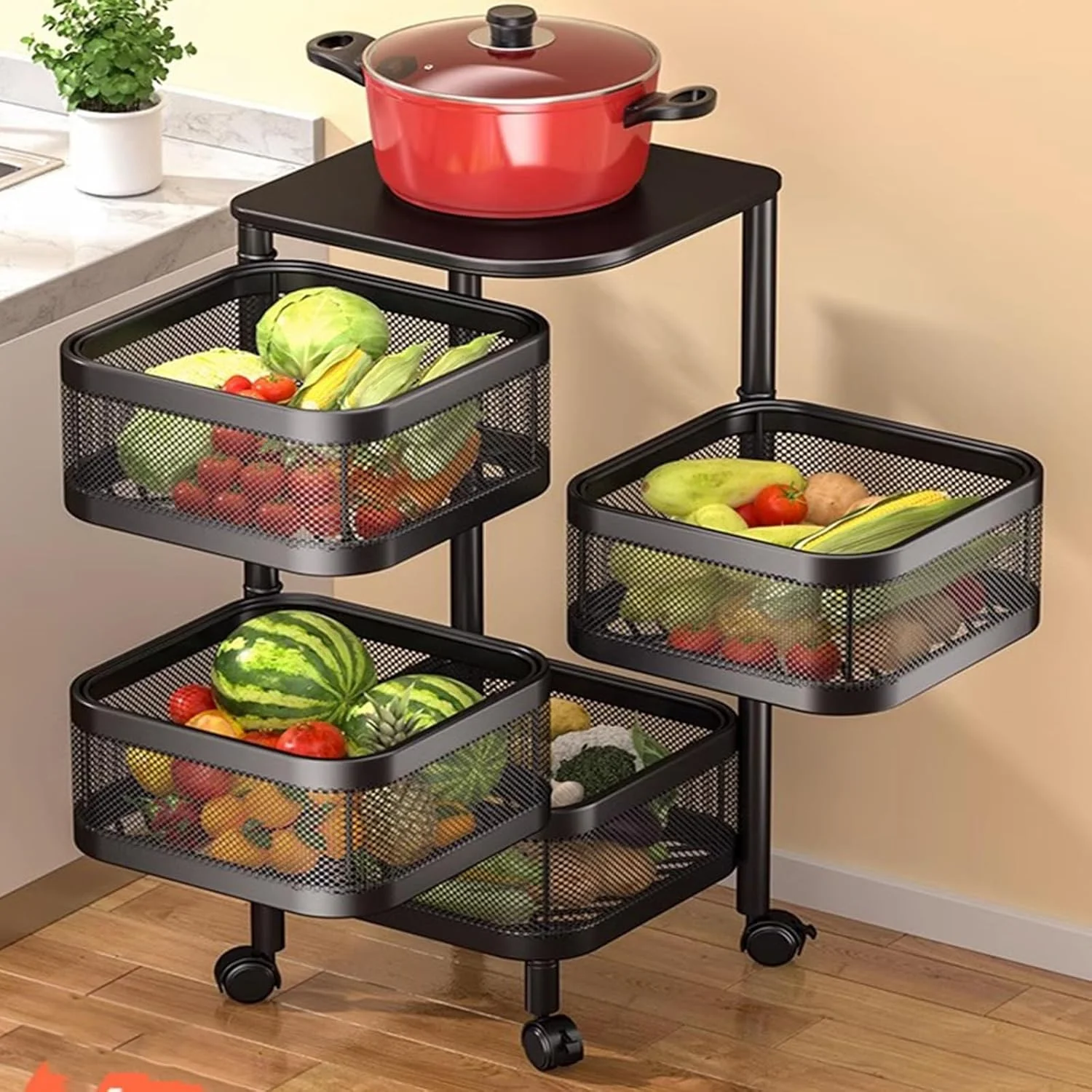 سبد میوه ایمی‌جی برای آشپزخانه، قفسه چند لایه ایستاده زمینی، قفسه چرخشی نگهداری مواد غذایی خانگی برای سیب زمینی، پیاز، نان، موز