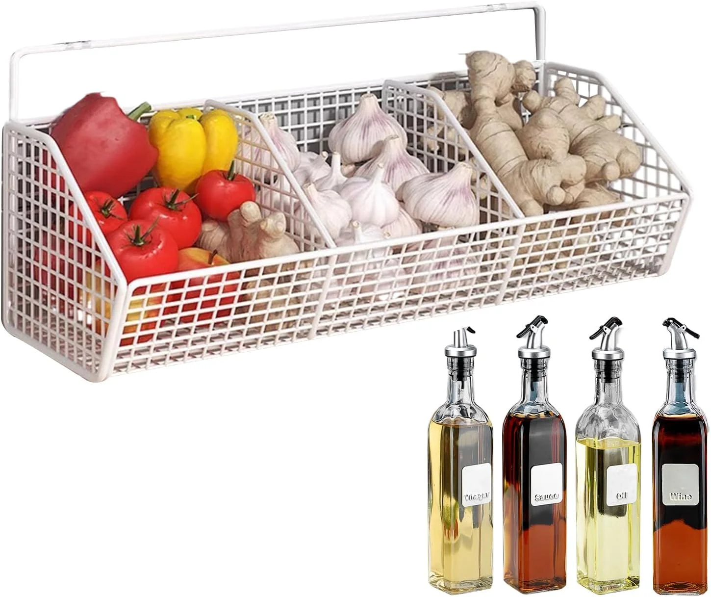 سبد سبزیجات برای آشپزخانه - سبد سیب زمینی 3 قسمتی | قفسه دیواری صرفه جویی در فضا برای سازماندهی پیاز، سیب زمینی، مواد غذایی و زنجبیل در آشپزخانه