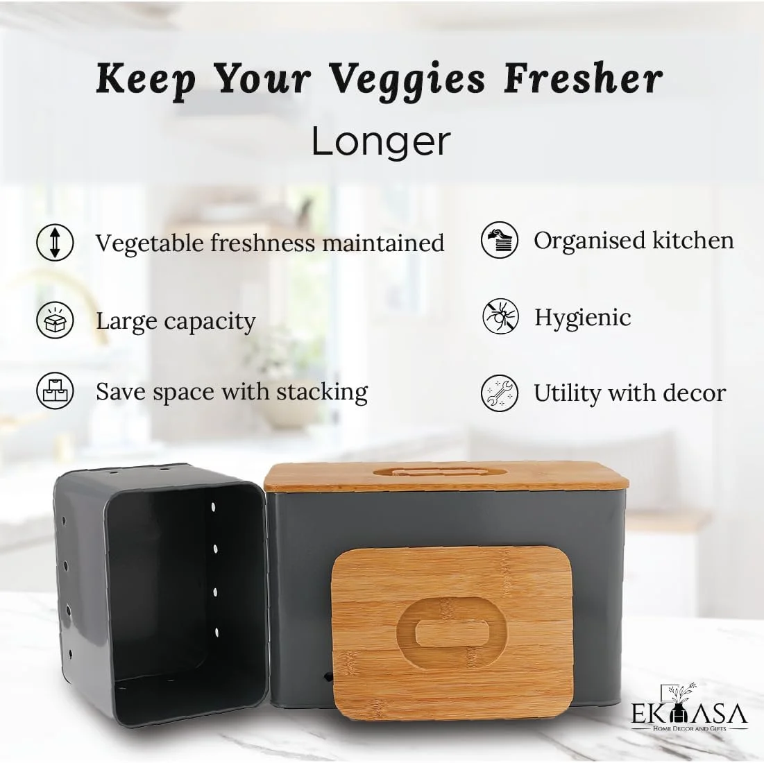 ظرف نگهداری پیاز و سیب زمینی Ekhasa برای آشپزخانه با درب (12.35 لیتر، 5.2 لیتر، مجموعه 2 عددی) | ست ظروف نگهداری مواد غذایی | جعبه های نگهداری و نظم دهنده برای آشپزخانه | جعبه های حلبی سبزیجات برای نگهداری، آبی-سبز