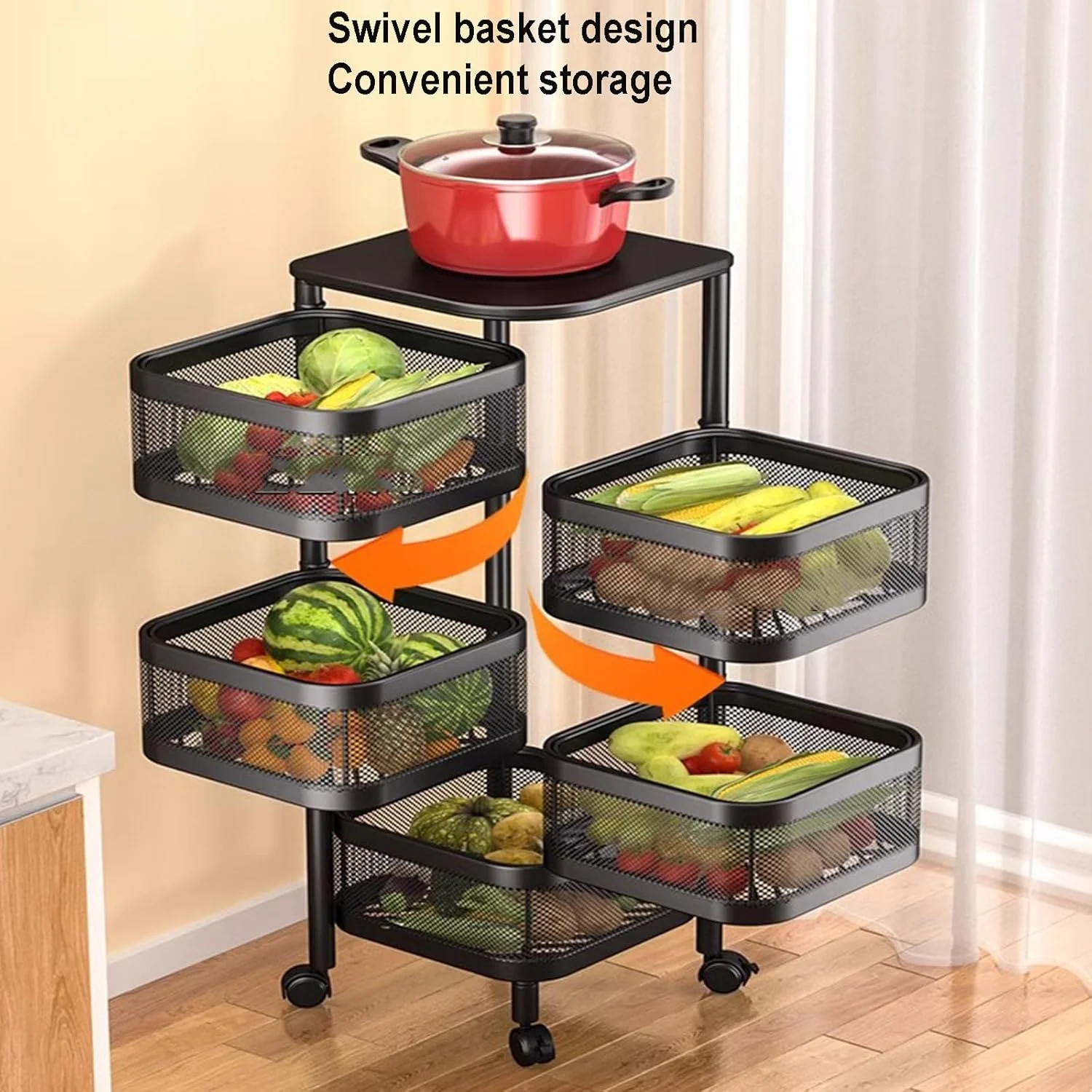 سبد میوه ایمی‌جی برای آشپزخانه، قفسه چند لایه ایستاده زمینی، قفسه چرخشی نگهداری مواد غذایی خانگی برای سیب زمینی، پیاز، نان، موز