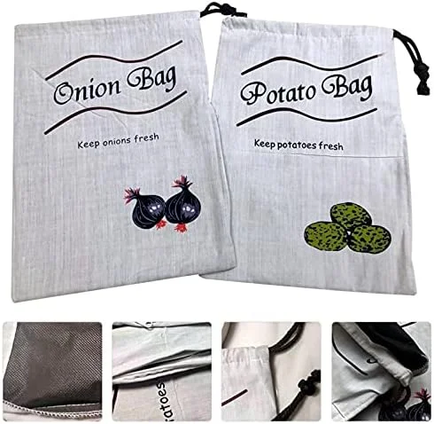 کیسه های نگهداری محصولات قابل استفاده مجدد LUYAO، بسته 2 عددی، کیسه های سبزیجات، کیسه های نگهداری پیاز و سیب زمینی، کیسه های پارچه ای پنبه ای