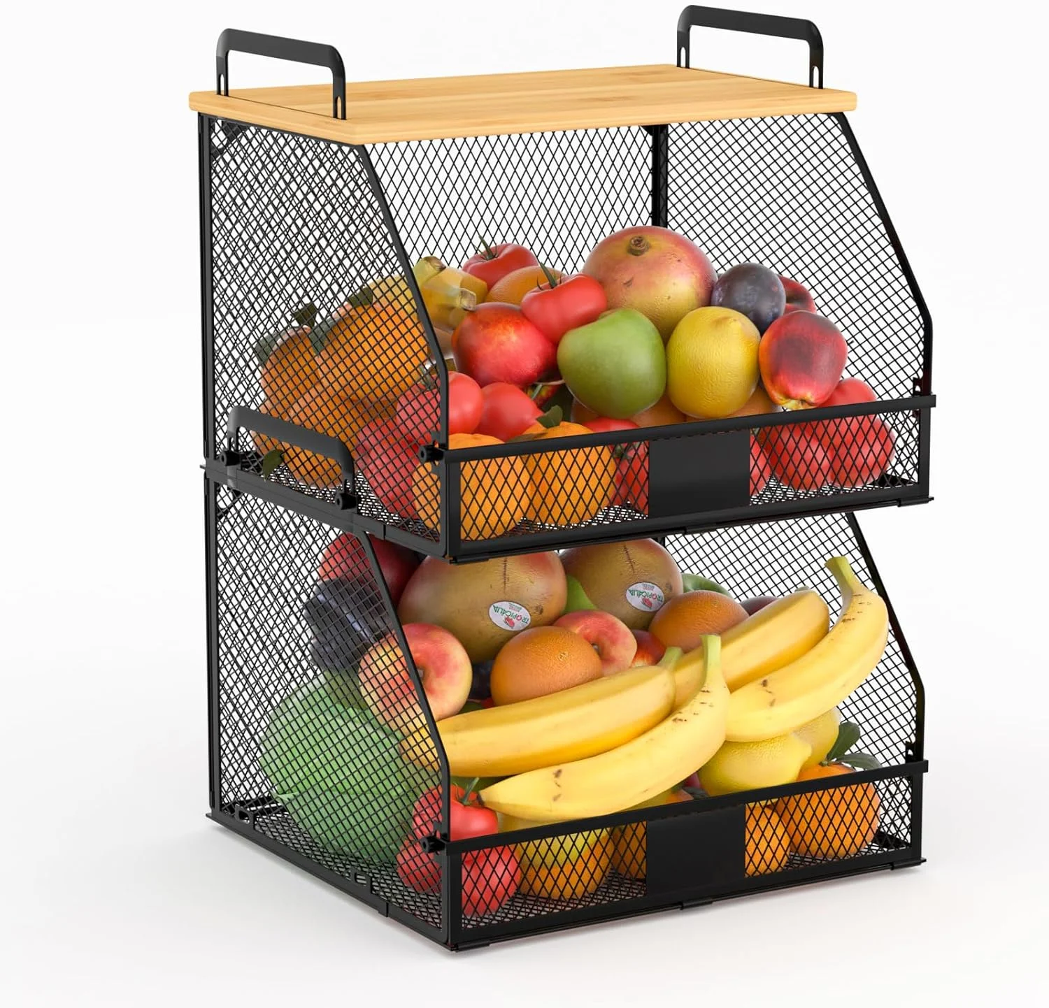 سبد سیمی قابل انباشت PUPPYCUTE با رویه بامبو، مناسب برای سازماندهی و نگهداری مواد غذایی در آشپزخانه، کابینت و قفسه، صرفه جویی در فضای پیشخوان، مناسب برای سازماندهی میوه، پیاز و سیب زمینی، 2 عدد