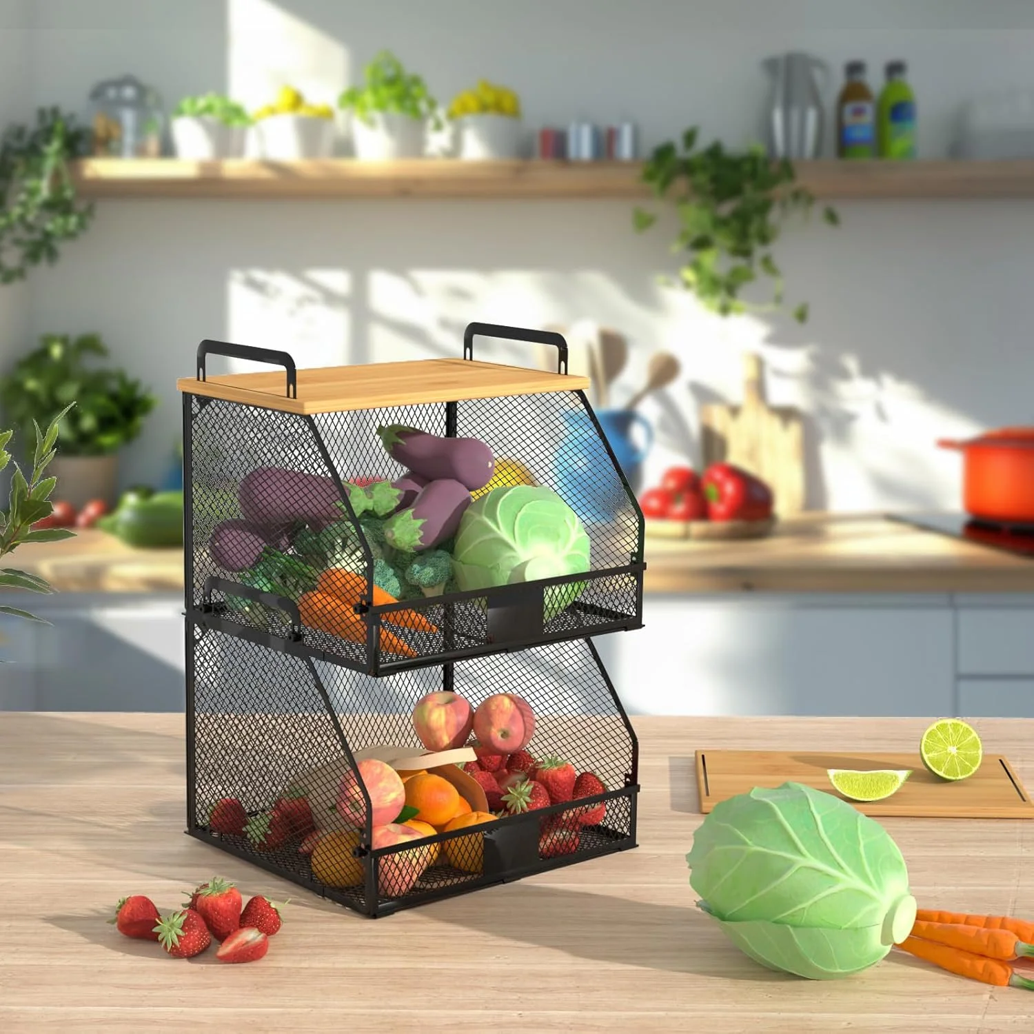 سبد سیمی قابل انباشت PUPPYCUTE با رویه بامبو، مناسب برای سازماندهی و نگهداری مواد غذایی در آشپزخانه، کابینت و قفسه، صرفه جویی در فضای پیشخوان، مناسب برای سازماندهی میوه، پیاز و سیب زمینی، 2 عدد