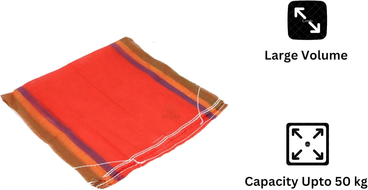 کیسه توری مدرن پلی اتیلن HDPE وتاس، بوری، بورا برای نگهداری سبزیجات، میوه ها، کیسه پیاز، کیسه سیب زمینی، کیسه مشبک (سایز 40 اینچ در 22 اینچ، 50 کیلوگرم، مجموعه 5 عددی، قرمز)