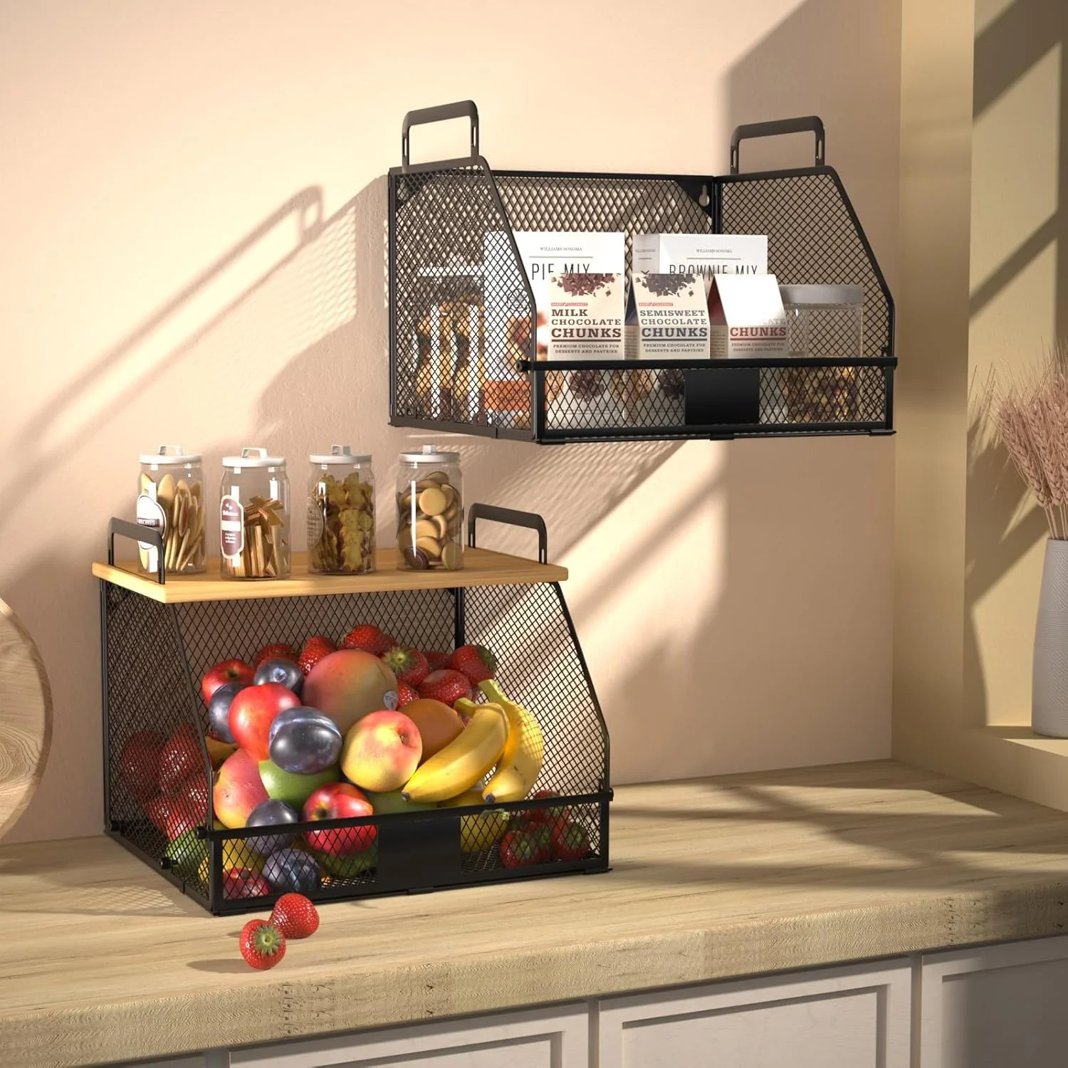 سبد سیمی قابل انباشت PUPPYCUTE با رویه بامبو، مناسب برای سازماندهی و نگهداری مواد غذایی در آشپزخانه، کابینت و قفسه، صرفه جویی در فضای پیشخوان، مناسب برای سازماندهی میوه، پیاز و سیب زمینی، 2 عدد