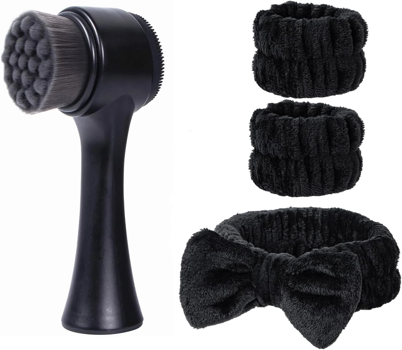 برس پاک کننده صورت Beomeen 2 در 1، برس سیلیکونی دو طرفه برای پاکسازی عمیق منافذ و لایه برداری، به همراه هدبند و مچ بند برای شستشوی صورت، ماساژ و آرایش، ست مشکی