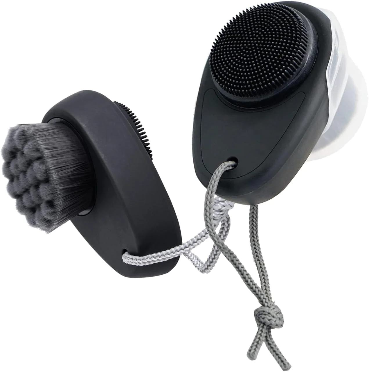 2 عدد برس پاک کننده صورت دو طرفه - موهای برس سیلیکونی و نرم برای پاکسازی عمیق منافذ و لایه برداری، برس های پاک کننده صورت با درب (مشکی)