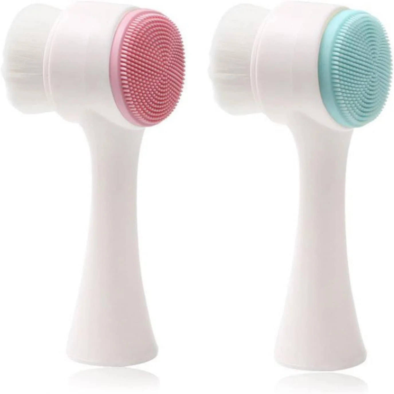 ست برس پاک کننده دستی صورت دو سر، 2 در 1 برس زیبایی پاک کننده صورت با موهای نرم و سیلیکونی، برای پاکسازی عمیق منافذ، لایه برداری، از بین بردن جوش های سرسیاه و ماساژ (آبی، صورتی)