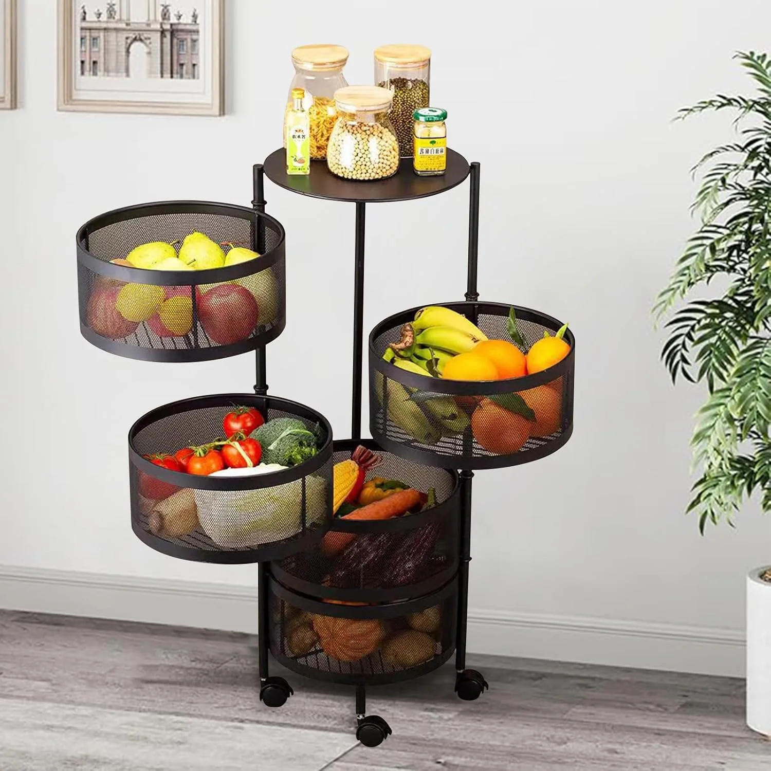 چرخ دستی چرخشی ذخیره سازی Ayyufe - سبد میوه برای آشپزخانه، قفسه ذخیره سازی میوه و سبزیجات برای سیب زمینی و پیاز (5 طبقه)