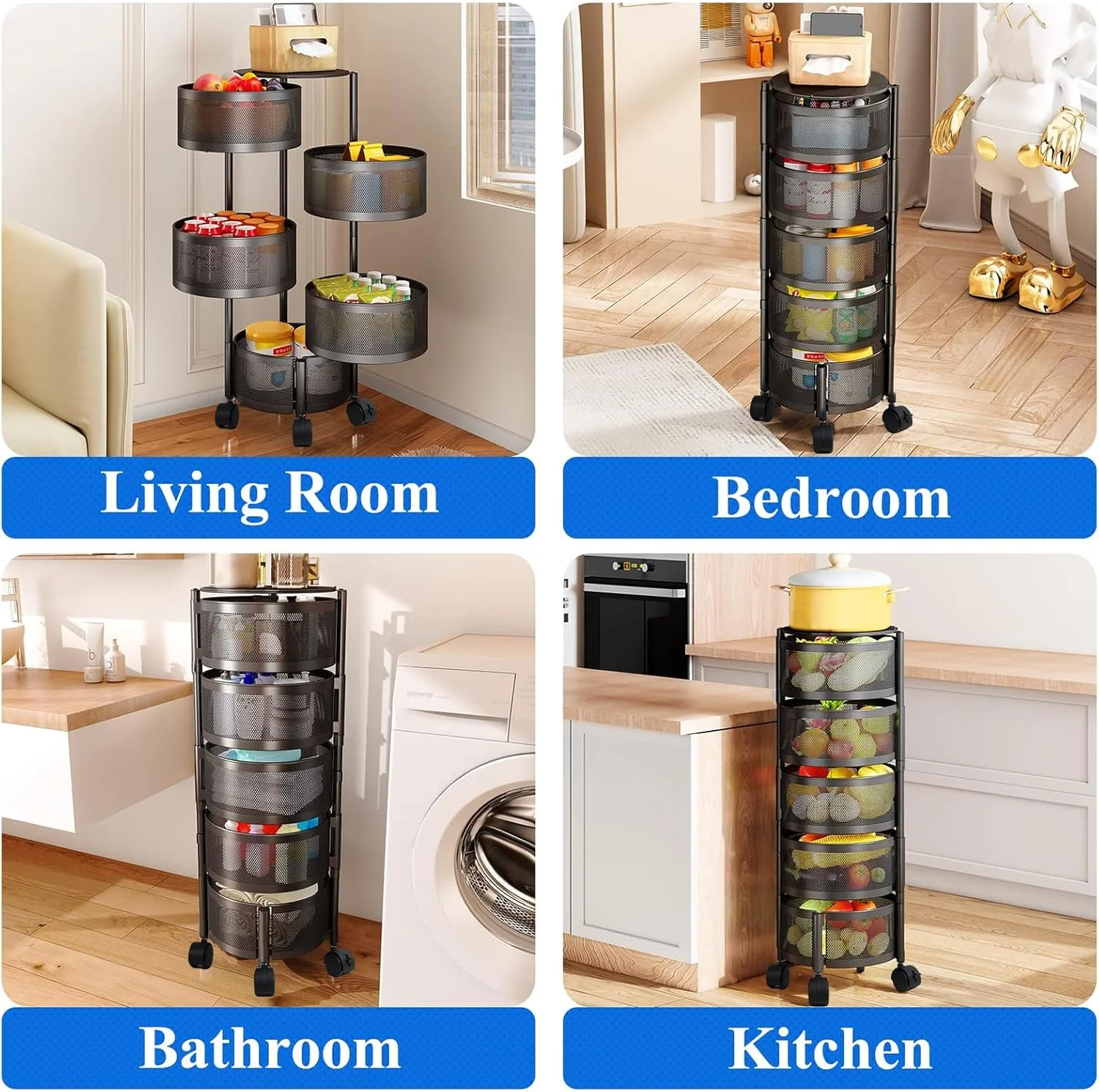 چرخ دستی چرخشی ذخیره سازی Ayyufe - سبد میوه برای آشپزخانه، قفسه ذخیره سازی میوه و سبزیجات برای سیب زمینی و پیاز (5 طبقه)