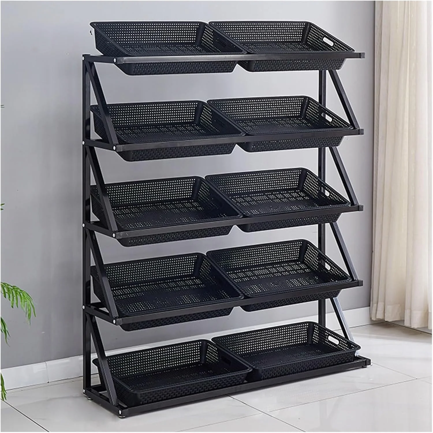 قفسه 5 طبقه آشپزخانه، قفسه فلزی میوه و سبزیجات، مناسب برای نمایش تنقلات در سوپرمارکت های بزرگ تجاری، سازمان دهنده سیب زمینی و پیاز فروشگاه/بازار (مشکی)