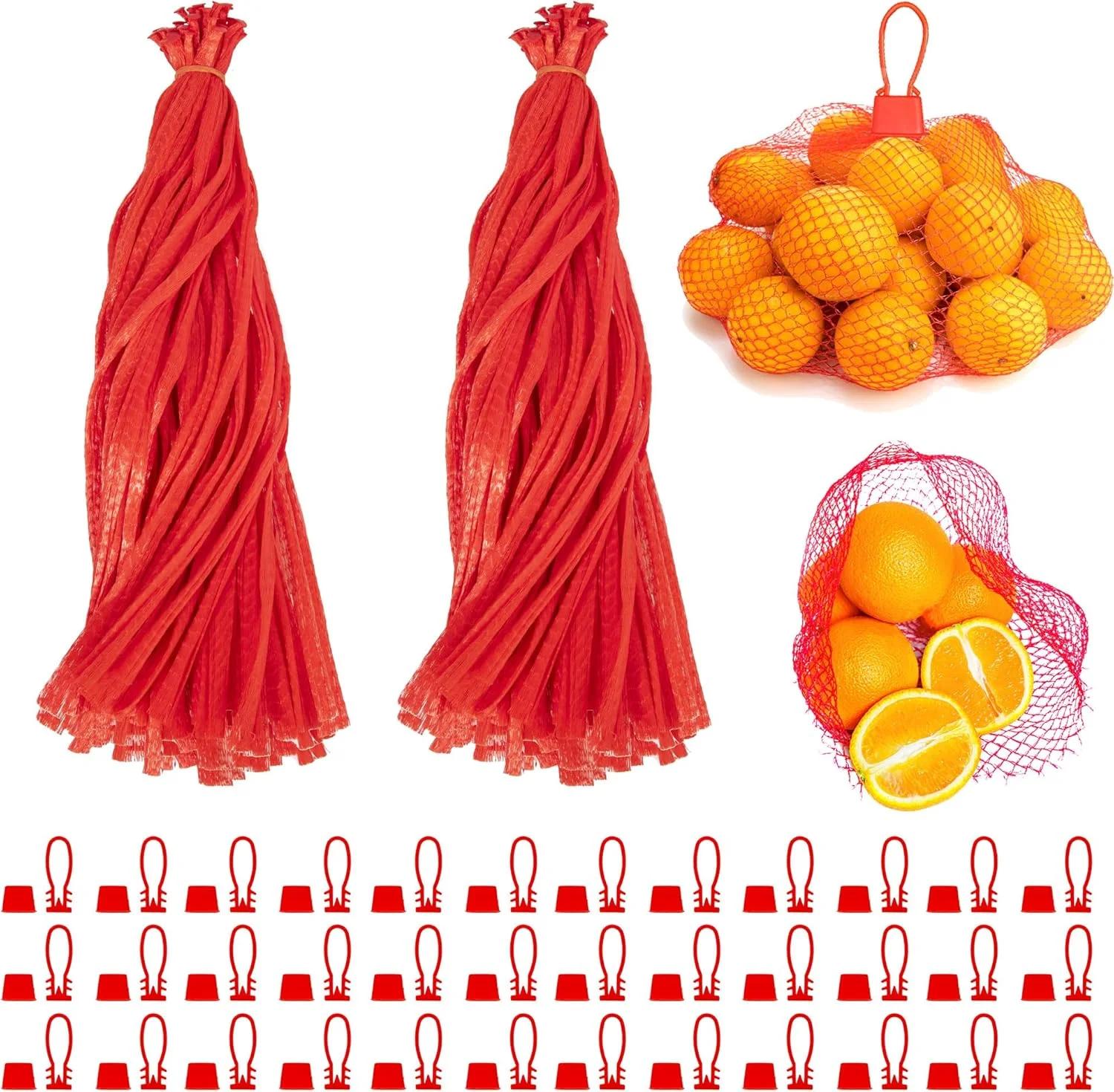 ویمولوت 100 عدد کیسه توری تولید، کیسه توری 20 اینچی قابل استفاده مجدد برای سبزیجات، کیسه ذخیره سازی پیاز و سیب زمینی با بست حلقه ای، کیسه توری دریایی قابل گسترش برای بسته بندی میوه، خرچنگ، سیر، تخم مرغ (قرمز)