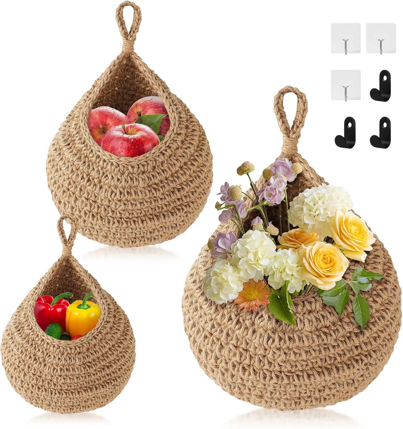 JCUKHA Hanging Fruit Baskets for Kitchen 3 Pack, Boho Wall Hanging Basket, Handwoven Hanging Holder with Hooks, Teardrop Home Produce Decor Basket for Fruits Vegetable Potato Onion Storage JCUKHA Hanging Fruit Baskets for Kitchen 3 Pack, Boho Wall Hanging Basket, Handwoven Hanging Holder with Hooks, Teardrop Home Produce Decor Basket for Fruits Vegetable Potato Onion Storage