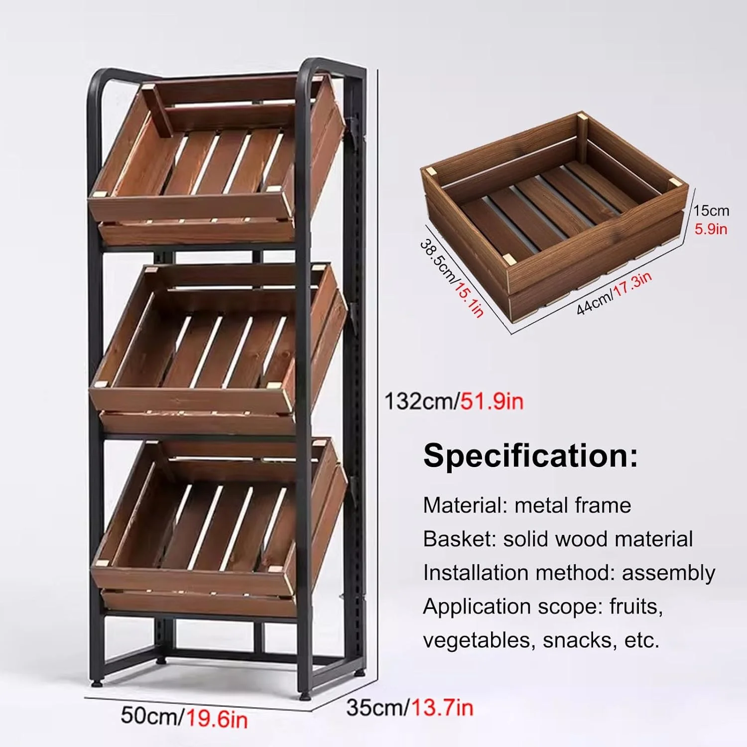 قفسه نمایش میوه و سبزیجات 3 سبدی، نگهدارنده قابل تنظیم سیب زمینی، پیاز و تنقلات، استند ذخیره سازی سوپرمارکت/فروشگاه رفاه/آشپزخانه/اتاق خواب/خوابگاه (رنگ: قهوه ای)