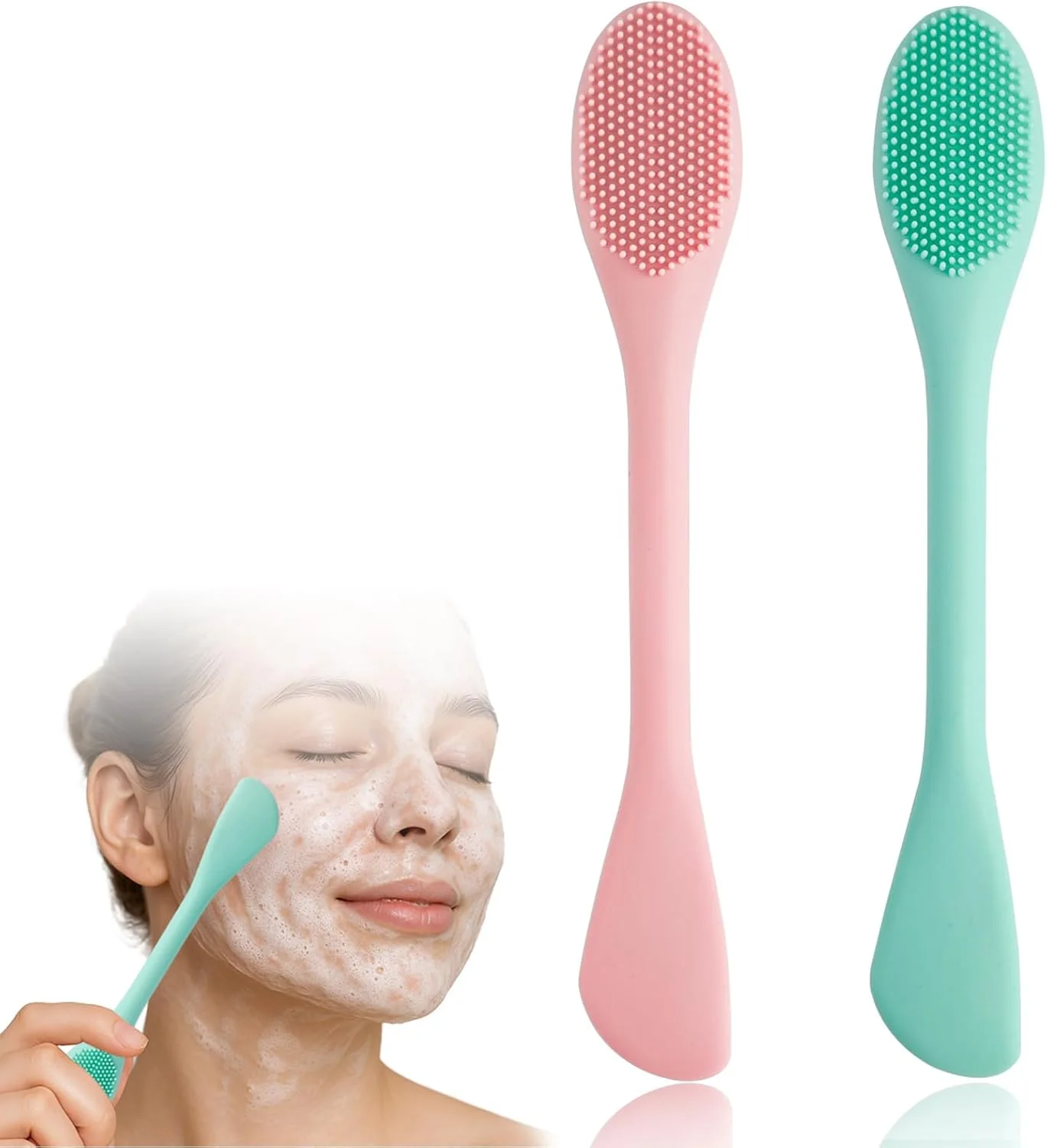 دو بسته اسکرابر منافذ، برس پاک کننده منافذ سیلیکونی 2 در 1، برس ماسک صورت دو طرفه، ابزار صورت برای ماسک صورت خاک رس، گل و زغال (صورتی+سبز)