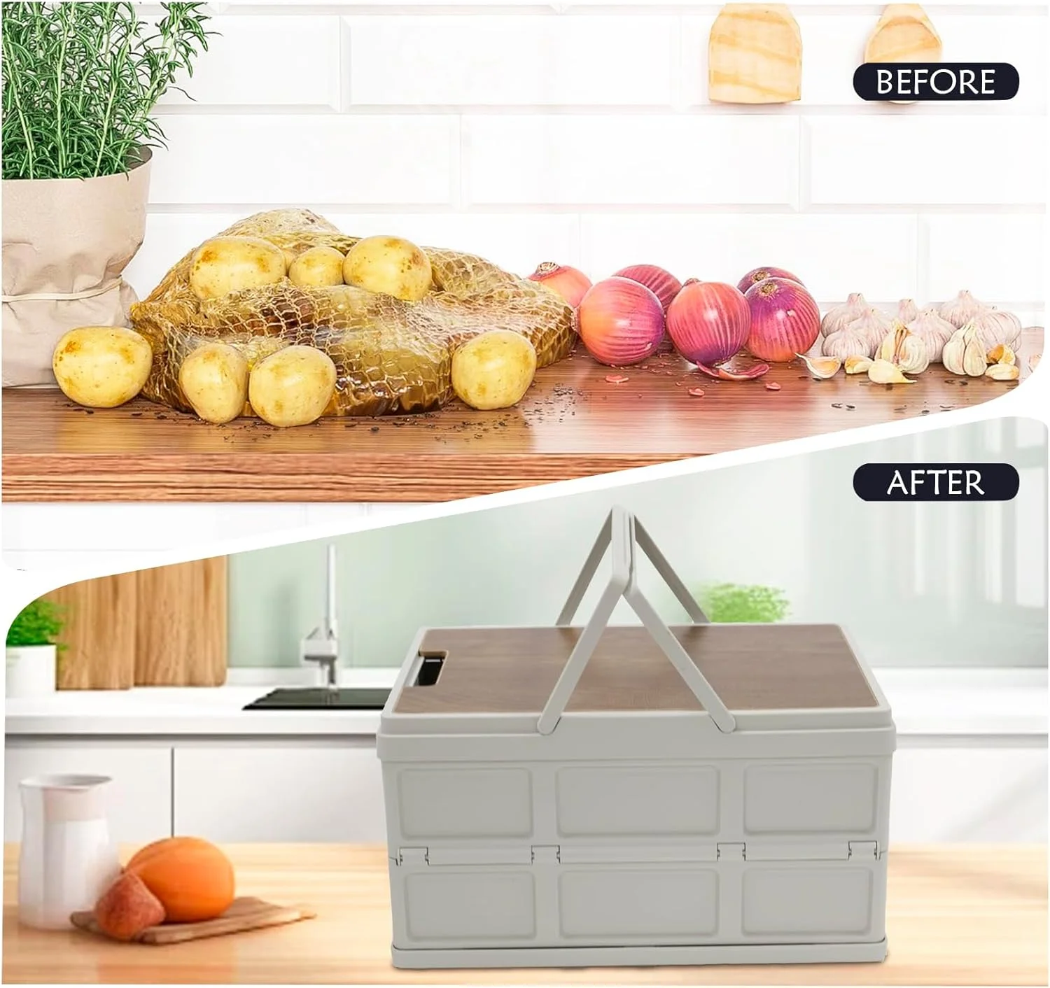 ست 2 عددی ظروف نگهداری سبزیجات آشپزخانه Xbopetda، سطل پلاستیکی نگهداری سیب زمینی و پیاز با درب چوبی، سطل تاشو سیب زمینی، سازمان دهنده و نگهدارنده مواد غذایی برای میوه و سبزیجات