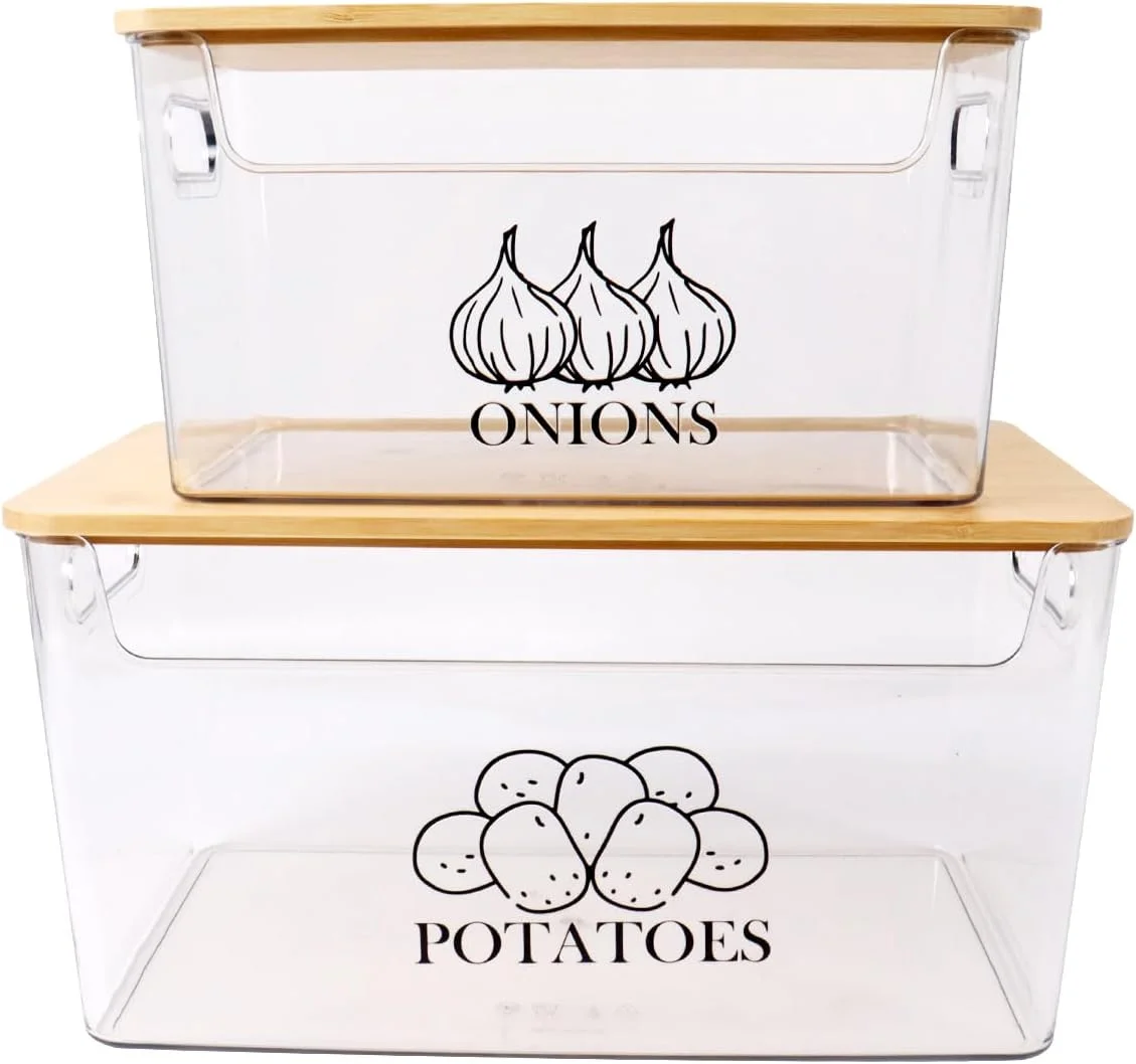 ظرف نگهداری سیب زمینی و پیاز Xbopetda، سطل سیب زمینی با درب بامبو، ظرف شفاف اکریلیک نگهداری سیب زمینی و پیاز، ست 2 عددی قابل چیدن، سازمان دهنده کابینت آشپزخانه برای سیب زمینی و پیاز - شفاف