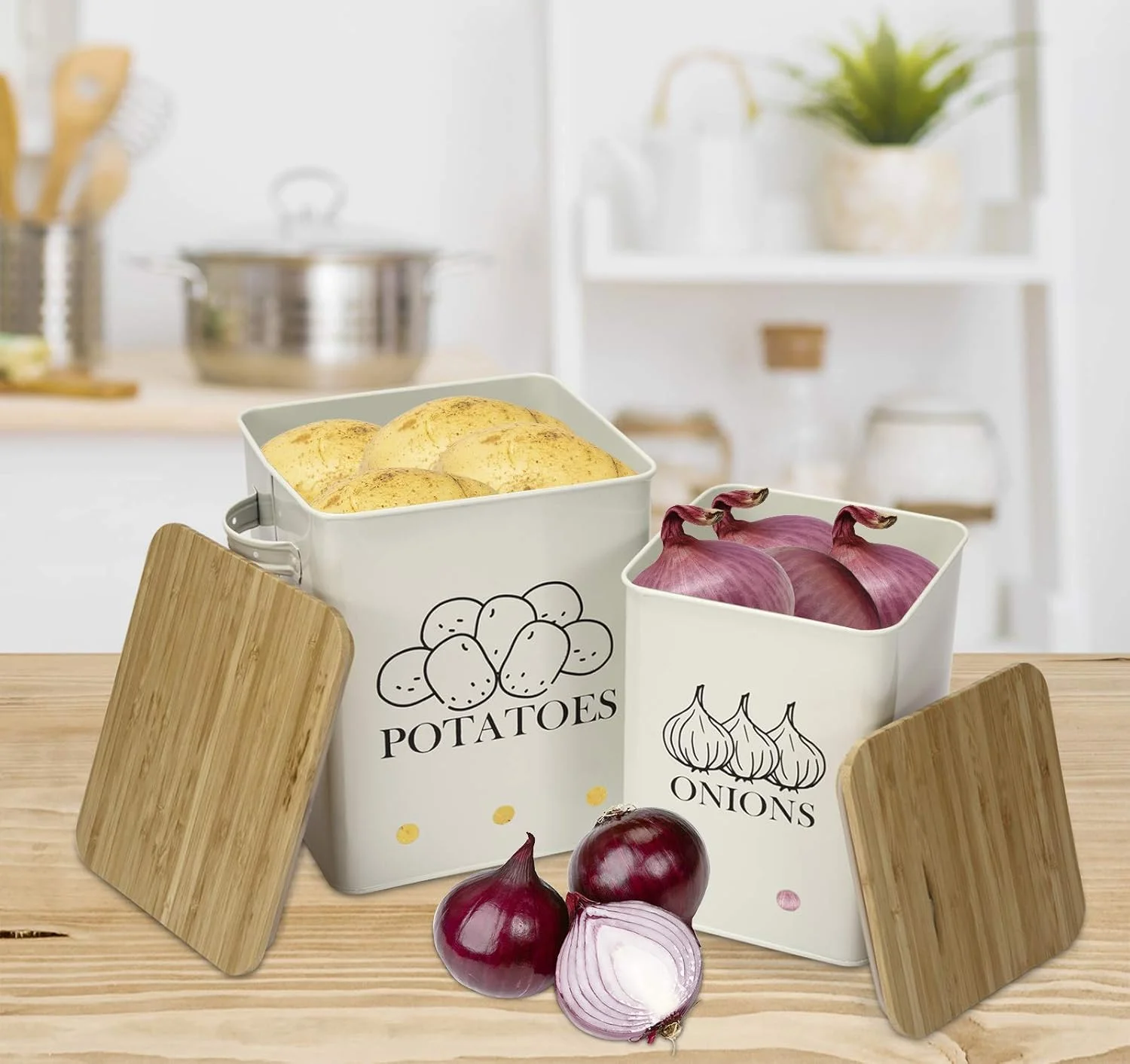 ست ظروف آشپزخانه Xbopetda شامل 2 عدد - سطل نگهداری سیب زمینی و پیاز با سوراخ های تهویه و درب چوبی - سازمان دهنده انبار و نگهدارنده تازه سبزیجات (سفید) ست ظروف آشپزخانه Xbopetda شامل 2 عدد - سطل نگهداری سیب زمینی و پیاز با سوراخ های تهویه و درب چوبی - سازمان دهنده انبار و نگهدارنده تازه سبزیجات (سفید)