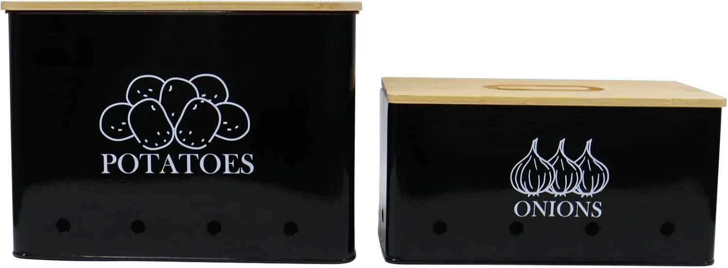 Xbopetda Potato Onion Storage Box, Food Container Sets, Storage Canisters for Vegeatables, Set of 2 Jars Pots Containers, Potato & Onion Bin with Aerating Tin Storage Holes & Wooden Lid-Black