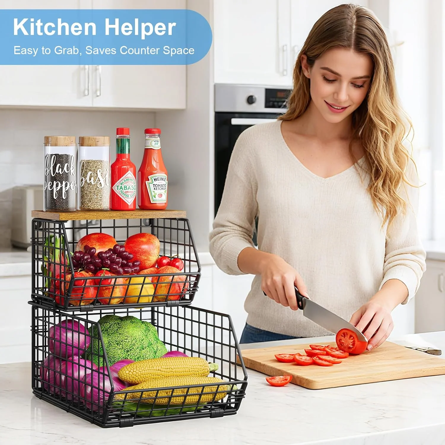 سبد سیمی دو طبقه قابل انباشت X-cosrack با درب چوبی، سبدهای آویز دیواری برای نگهداری سیب زمینی و پیاز، سبد میوه برای روی کابینت آشپزخانه، سبدهای فلزی برای کنسرو تنقلات