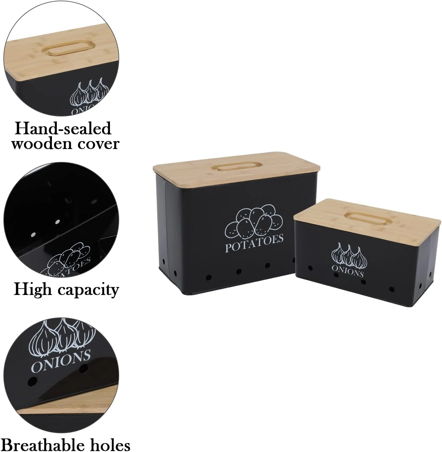 Xbopetda Potato Onion Storage Box, Food Container Sets, Storage Canisters for Vegeatables, Set of 2 Jars Pots Containers, Potato & Onion Bin with Aerating Tin Storage Holes & Wooden Lid-Black Xbopetda Potato Onion Storage Box, Food Container Sets, Storage Canisters for Vegeatables, Set of 2 Jars Pots Containers, Potato & Onion Bin with Aerating Tin Storage Holes & Wooden Lid-Black