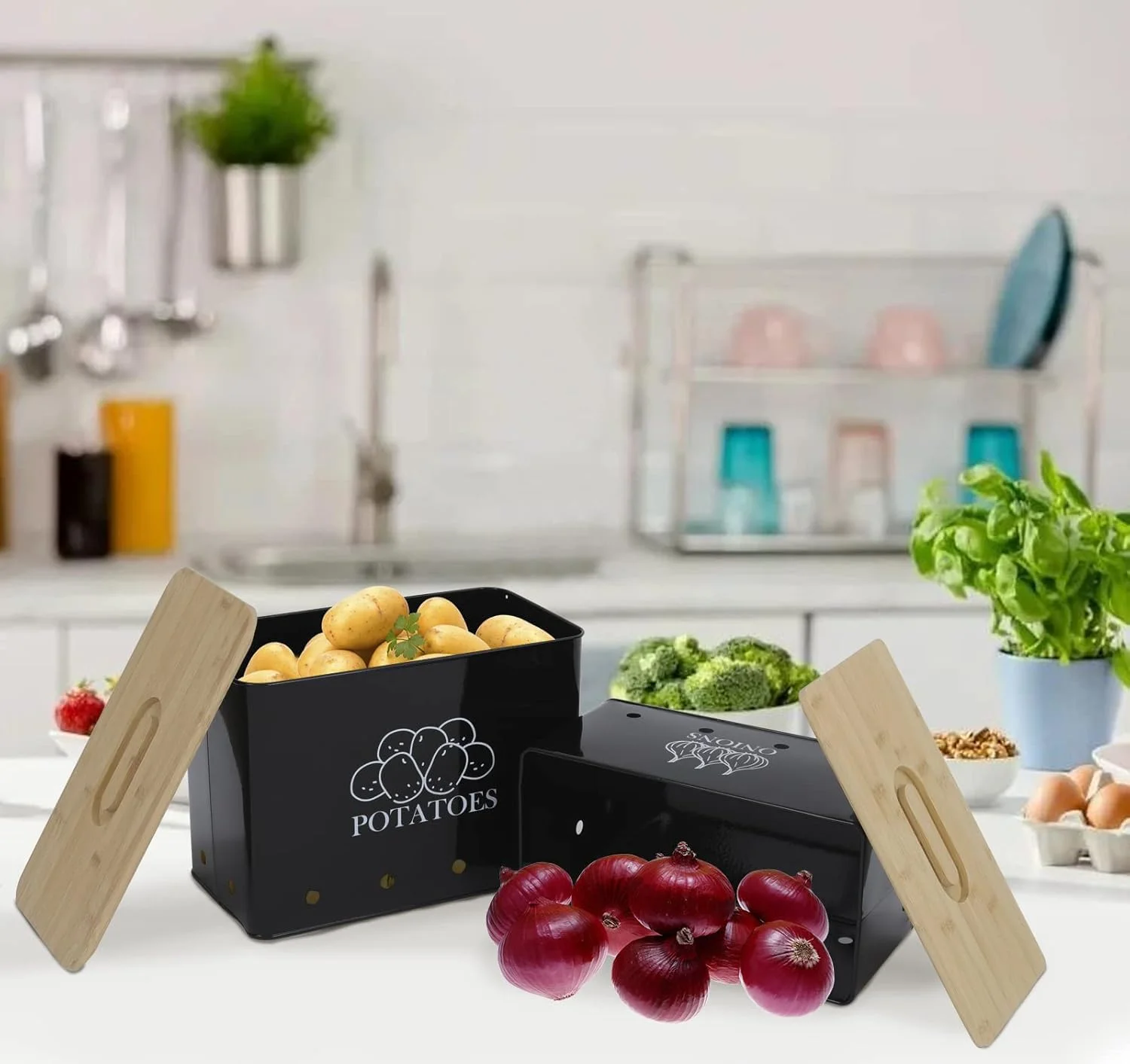 Xbopetda Potato Onion Storage Box, Food Container Sets, Storage Canisters for Vegeatables, Set of 2 Jars Pots Containers, Potato & Onion Bin with Aerating Tin Storage Holes & Wooden Lid-Black Xbopetda Potato Onion Storage Box, Food Container Sets, Storage Canisters for Vegeatables, Set of 2 Jars Pots Containers, Potato & Onion Bin with Aerating Tin Storage Holes & Wooden Lid-Black
