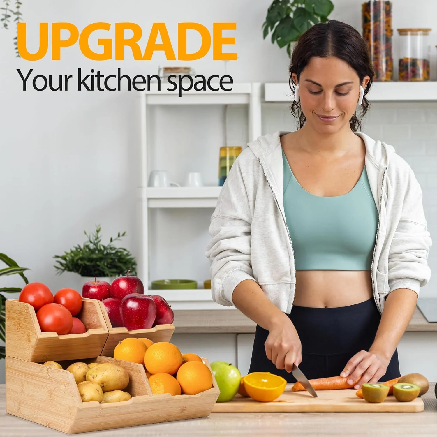 ظروف ذخیره سازی مواد غذایی WRONWA، بسته 3 عددی، ظروف بامبو قابل انباشت برای ذخیره سیب زمینی و پیاز، سازماندهی و دکور آشپزخانه