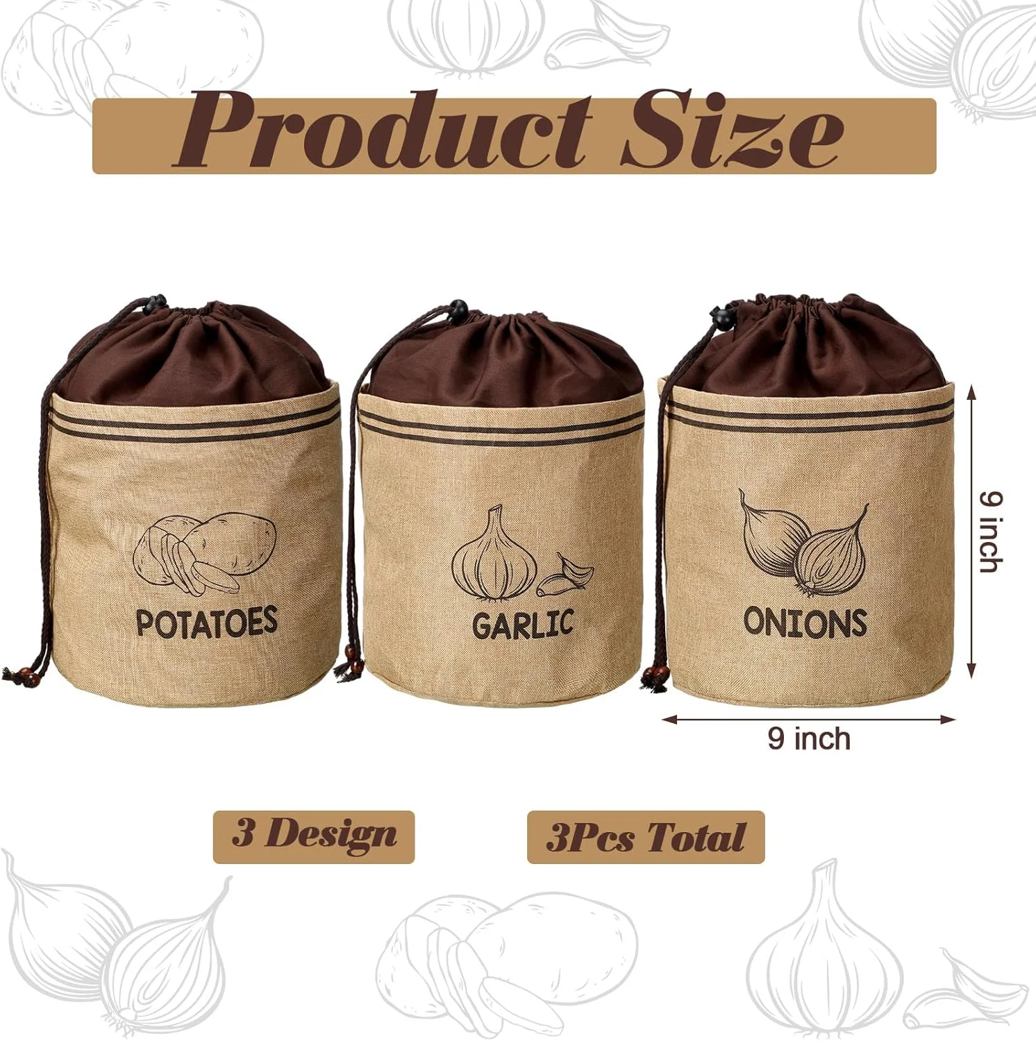 ست 3 عددی کیسه نگهداری سیب زمینی، پیاز و سیر Wowangce، کیسه های نگهداری سبزیجات قابل شستشو با آستر ضد نور، کیسه های سیب زمینی آشپزخانه به سبک روستایی، ظرف نگهداری پیاز و سیر برای انبار (کلاسیک، پارچه انبار)