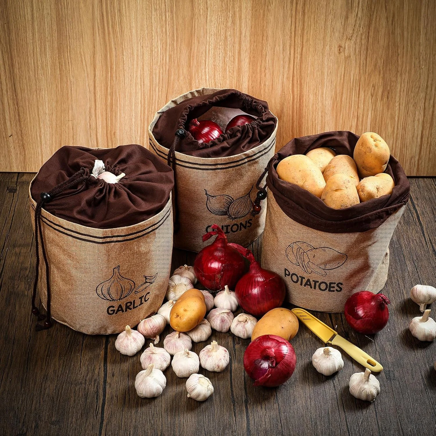 ست 3 عددی کیسه نگهداری سیب زمینی، پیاز و سیر Wowangce، کیسه های نگهداری سبزیجات قابل شستشو با آستر ضد نور، کیسه های سیب زمینی آشپزخانه به سبک روستایی، ظرف نگهداری پیاز و سیر برای انبار (کلاسیک، پارچه انبار)