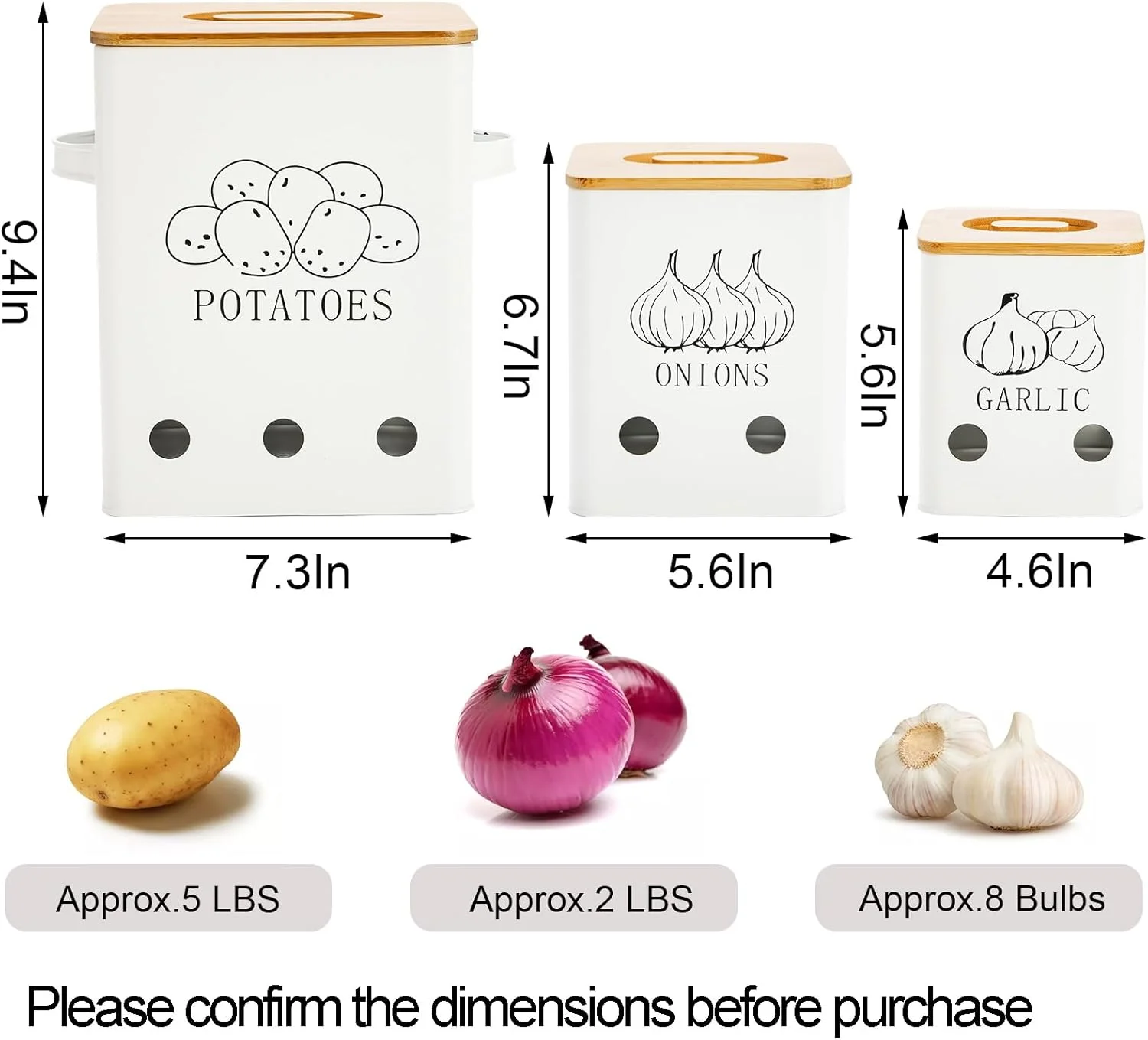 مجموعه ۳ عددی ظروف فلزی نگهداری سبزیجات WUWEOT، ظروف پیاز، سیر و سیب زمینی، ظروف آشپزخانه برای نگهداری سبزیجات با سوراخ های تهویه و درب چوبی