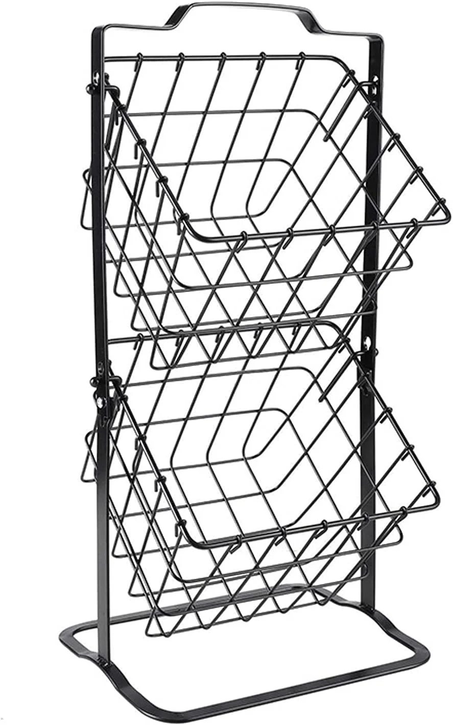 سبد آویز میوه دو طبقه WNPCXQ2، سبد نگهداری سیب زمینی و پیاز سیم مفتولی مشکی، سبد نگهداری سبزیجات برای روی میز آشپزخانه