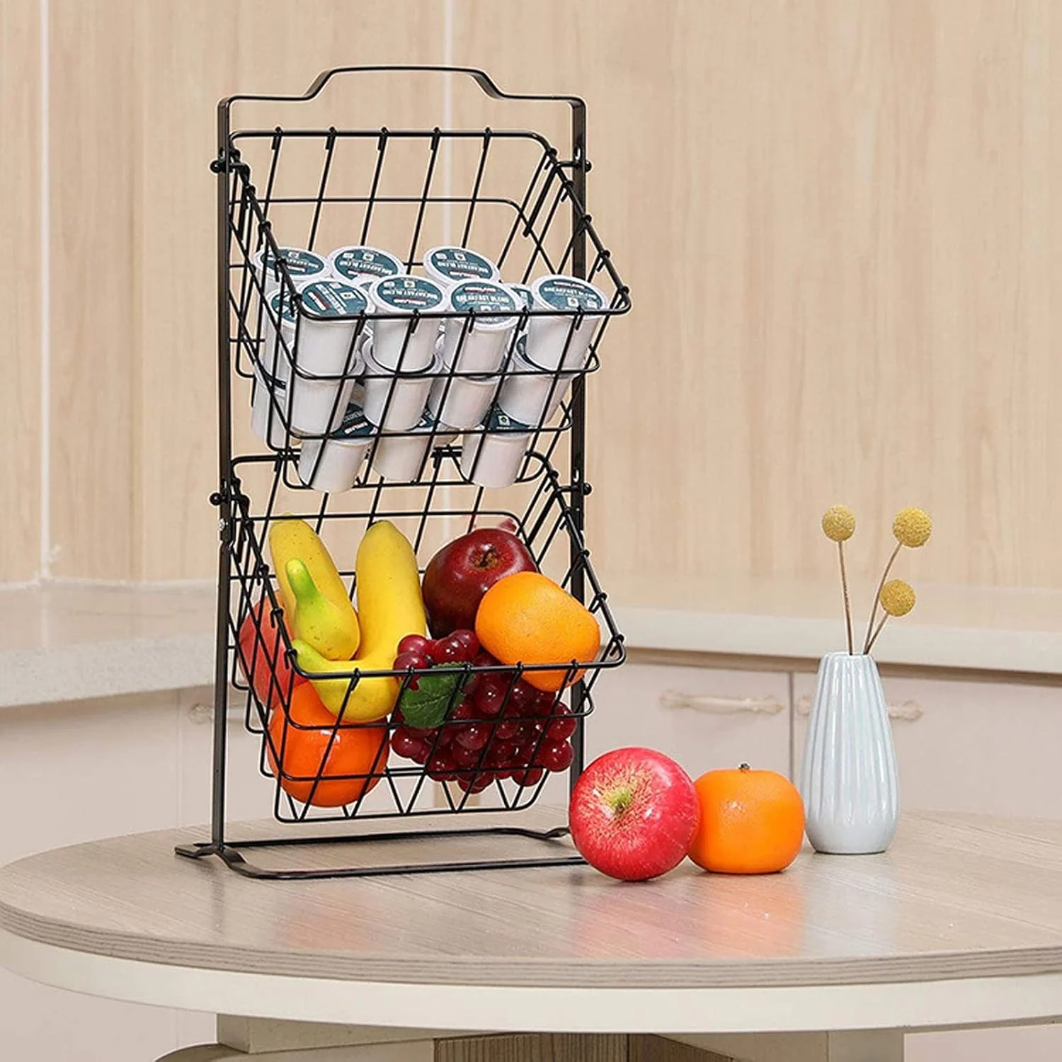 سبد آویز میوه دو طبقه WNPCXQ2، سبد نگهداری سیب زمینی و پیاز سیم مفتولی مشکی، سبد نگهداری سبزیجات برای روی میز آشپزخانه