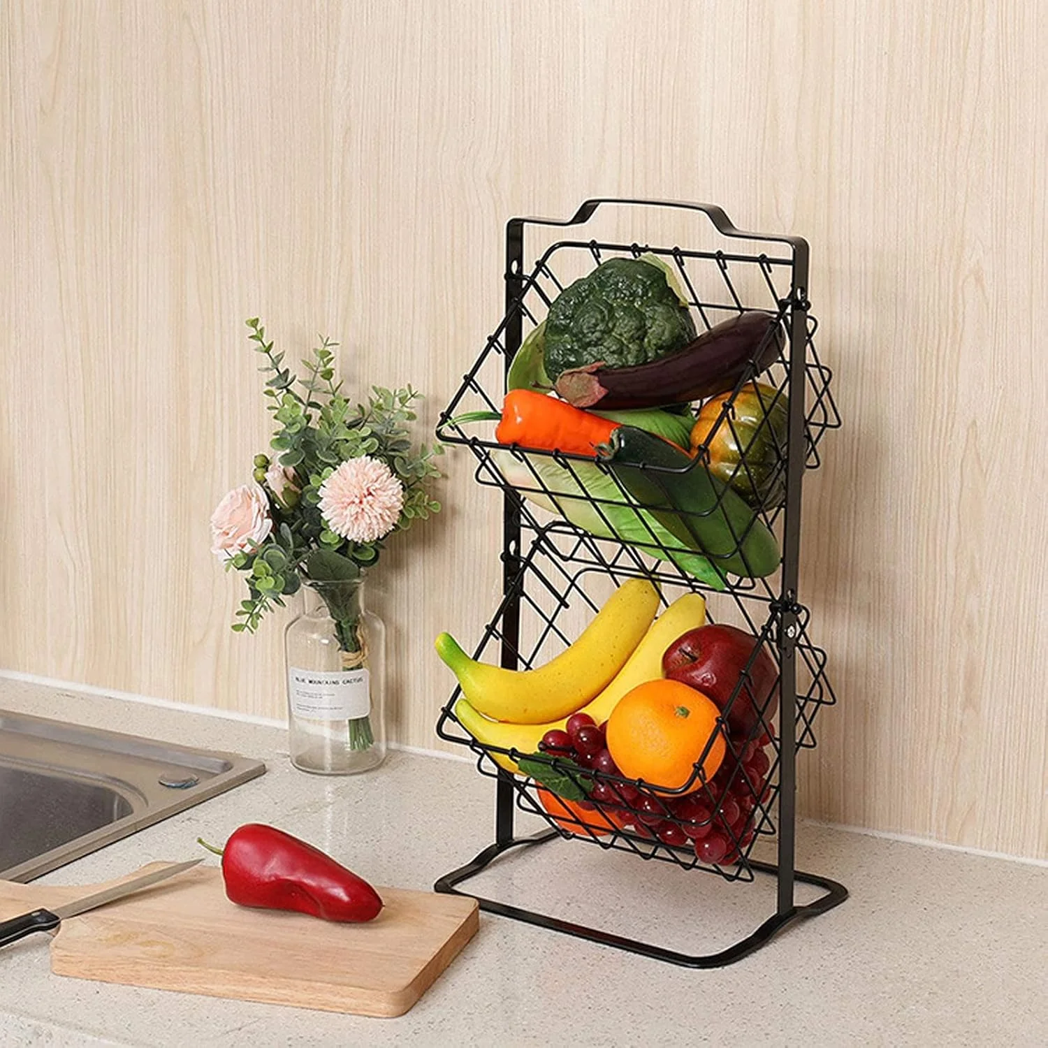 سبد آویز میوه دو طبقه WNPCXQ2، سبد نگهداری سیب زمینی و پیاز سیم مفتولی مشکی، سبد نگهداری سبزیجات برای روی میز آشپزخانه