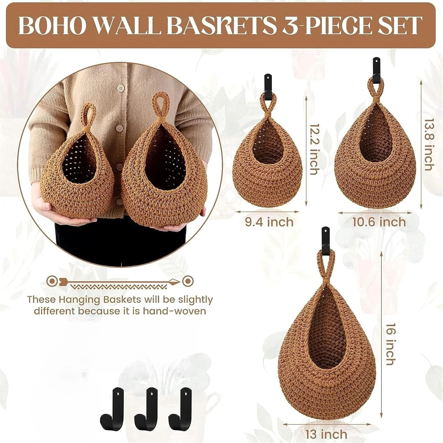THE WHITE SHOP سبد میوه آویز 3 تکه برای آشپزخانه - سبد آویز دیواری بوهو با قلاب های قوی، نگهدارنده آویز بافته شده دستی سبد قطره اشکی برای میوه سبزیجات سیب زمینی (رنگ: کتان)