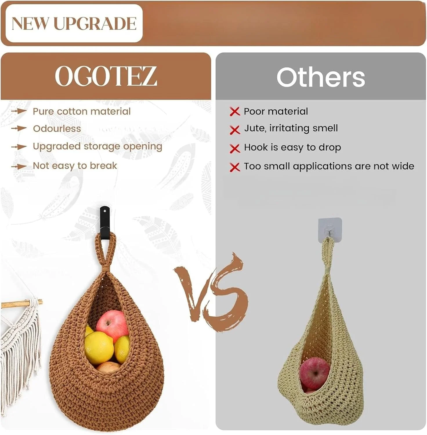 THE WHITE SHOP سبد میوه آویز 3 تکه برای آشپزخانه - سبد آویز دیواری بوهو با قلاب های قوی، نگهدارنده آویز بافته شده دستی سبد قطره اشکی برای میوه سبزیجات سیب زمینی (رنگ: کتان)