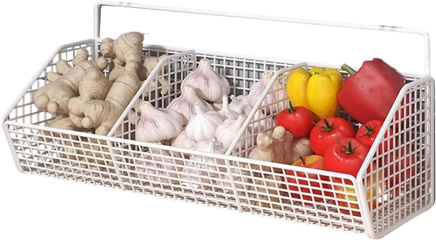 Wall Basket - 3 Compartments Vegetable Storage Basket,Space-Saving Wall Mounted Rack for Kitchen Storage Onion Potato Pantry Organization Ginger
