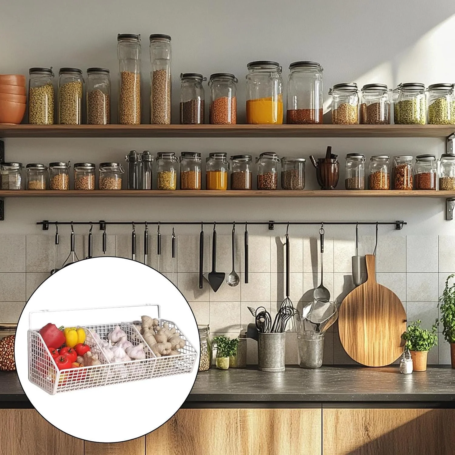 Wall Basket - 3 Compartments Vegetable Storage Basket,Space-Saving Wall Mounted Rack for Kitchen Storage Onion Potato Pantry Organization Ginger Wall Basket - 3 Compartments Vegetable Storage Basket,Space-Saving Wall Mounted Rack for Kitchen Storage Onion Potato Pantry Organization Ginger