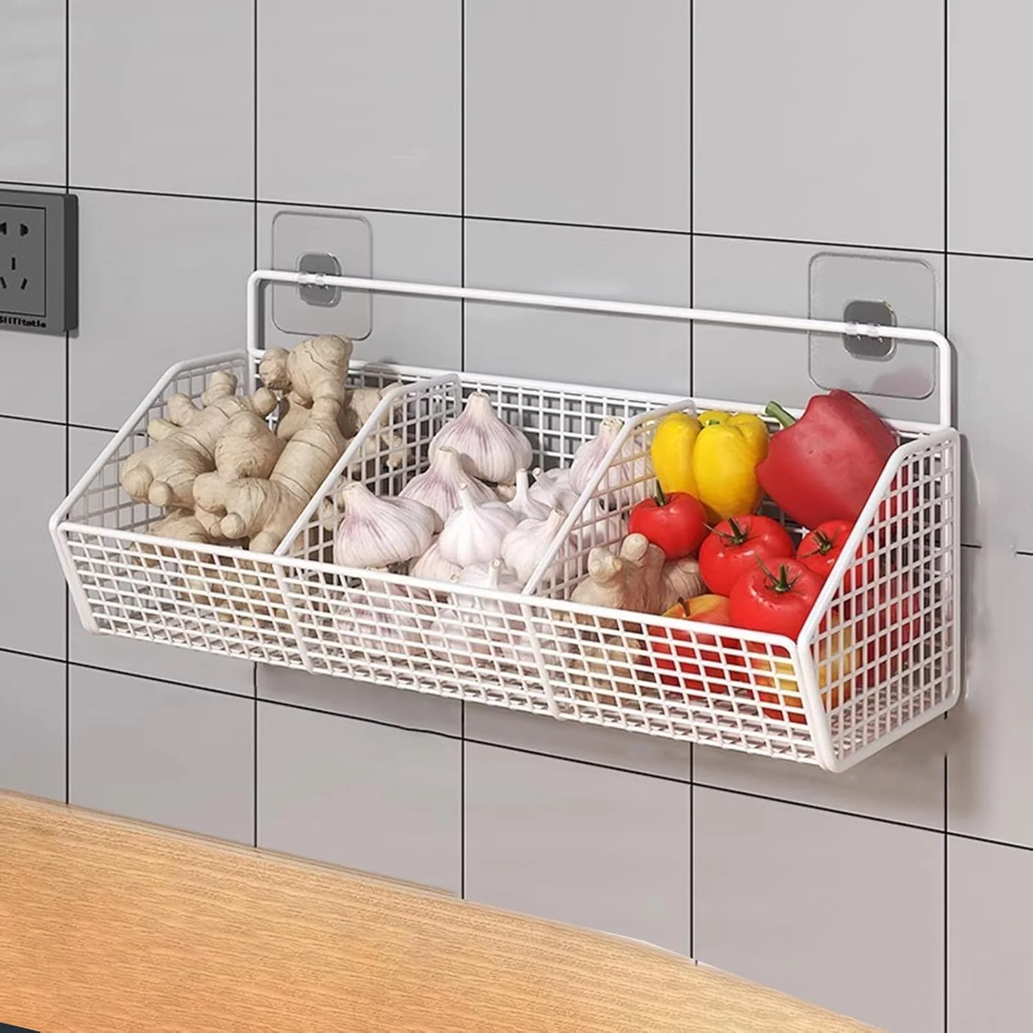 Wall Basket - 3 Compartments Vegetable Storage Basket,Space-Saving Wall Mounted Rack for Kitchen Storage Onion Potato Pantry Organization Ginger Wall Basket - 3 Compartments Vegetable Storage Basket,Space-Saving Wall Mounted Rack for Kitchen Storage Onion Potato Pantry Organization Ginger